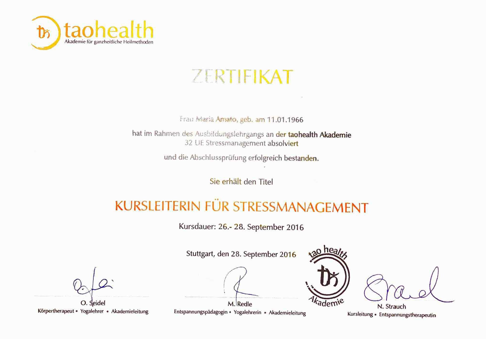 Zertifikat - Kursleiterin für Stressmanagement